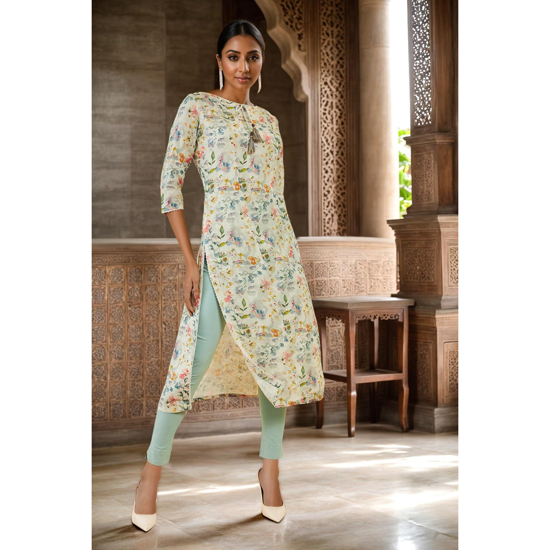 Soch Womens Beige Linen Kurta With Floral Print And Tassels