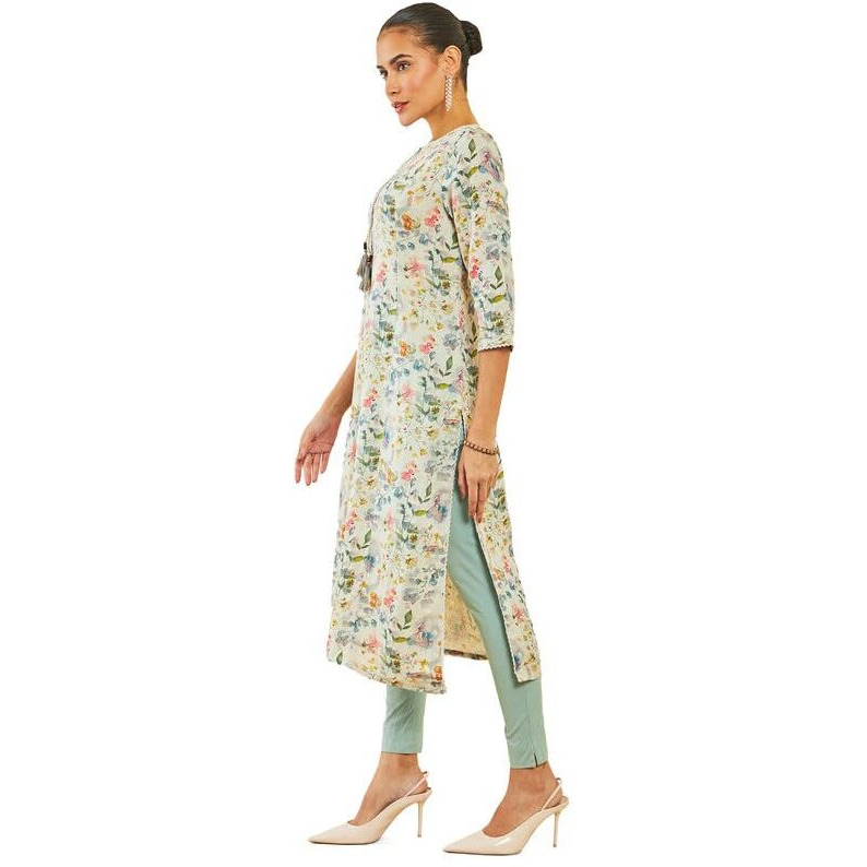 Soch Womens Beige Linen Kurta With Floral Print And Tassels