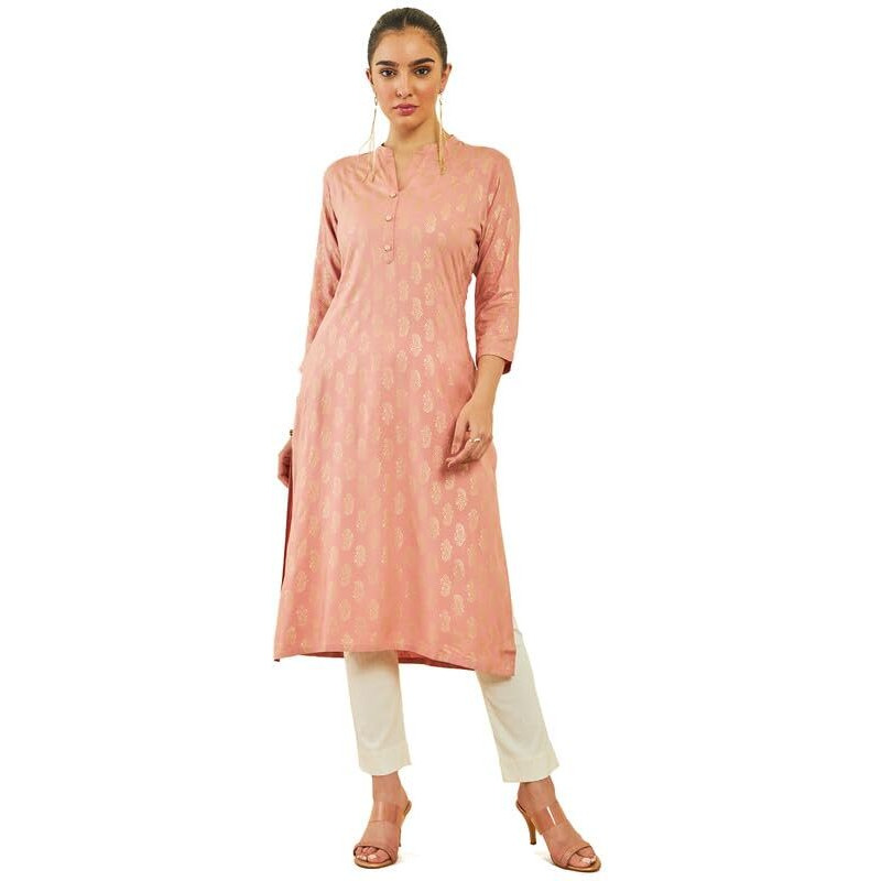 Soch Womens Peach Rayon Paisley Foil Print Straight Kurta With Pocket