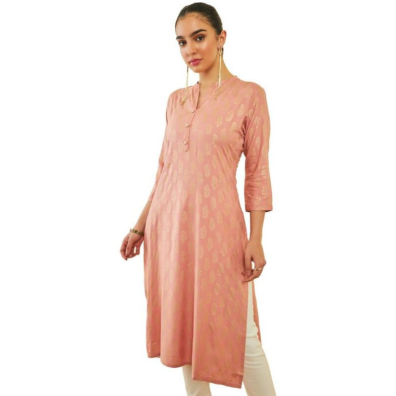 Soch Womens Peach Rayon Paisley Foil Print Straight Kurta With Pocket