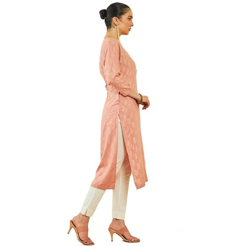 Soch Womens Peach Rayon Paisley Foil Print Straight Kurta With Pocket