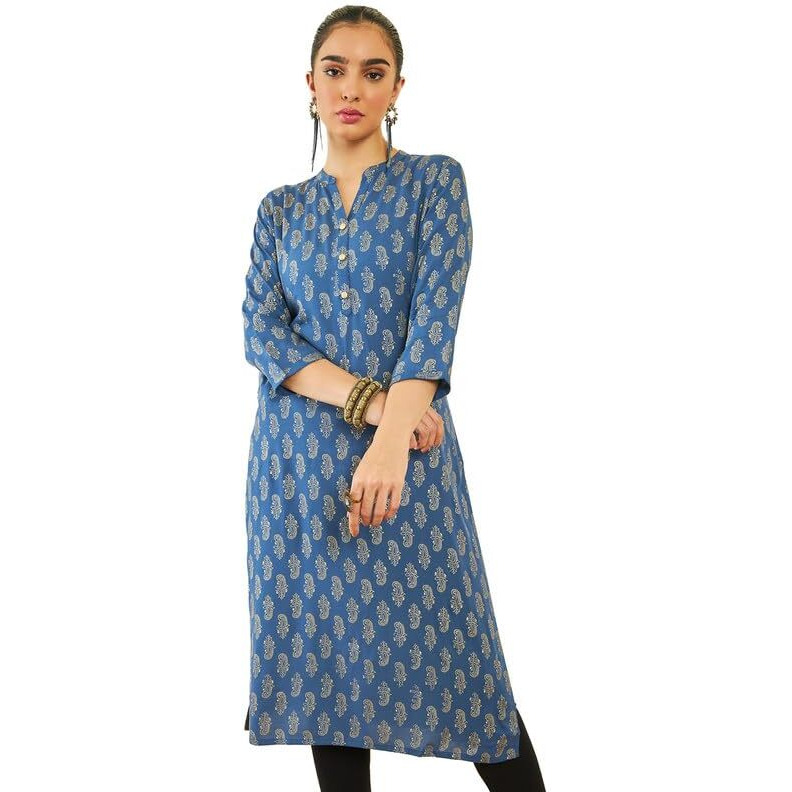 Soch Womens Blue Rayon Paisley Foil Print Straight Kurta With Pocket