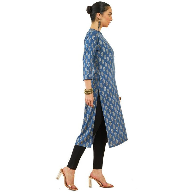 Soch Womens Blue Rayon Paisley Foil Print Straight Kurta With Pocket