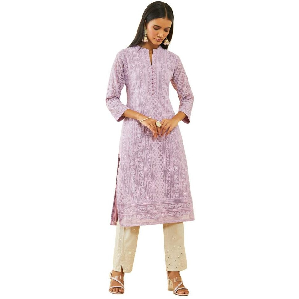 Soch Womens Purple Georgette Paisley Thread Embroidered Straight Kurta