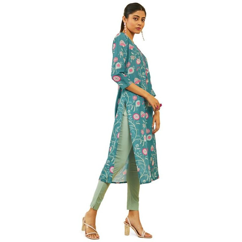 Soch Womens Teal Muslin Floral Print Round-Neck Straight Kurta