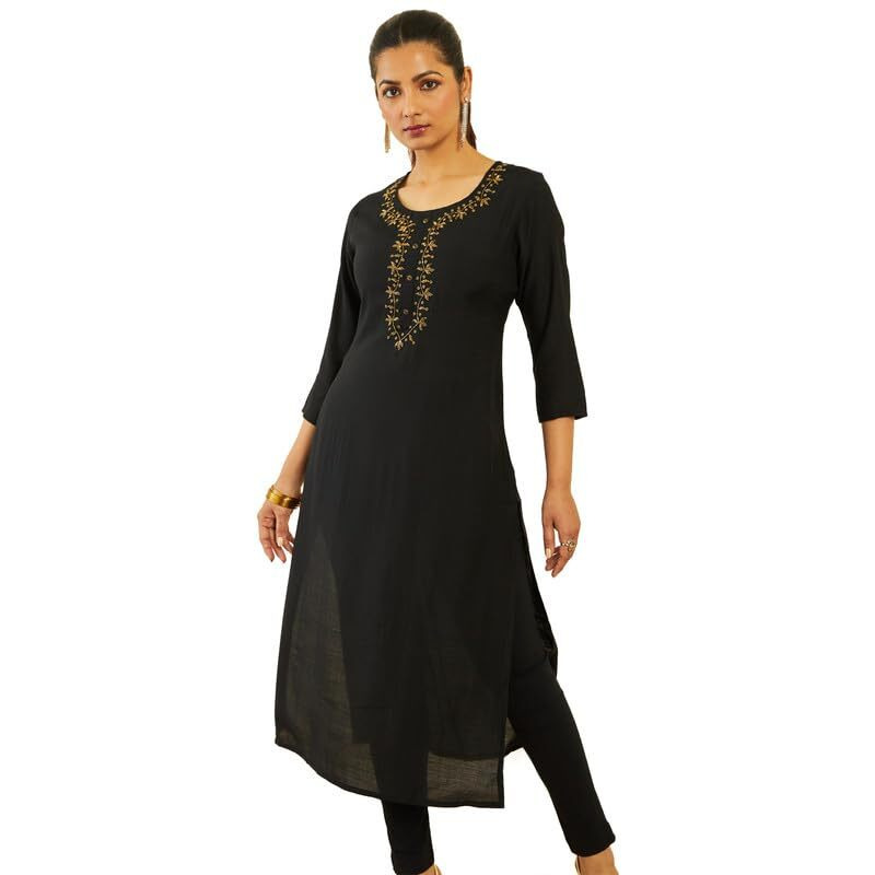 Soch Womens Black Viscose Blend Straight Kurta With Floral Cutdana Work