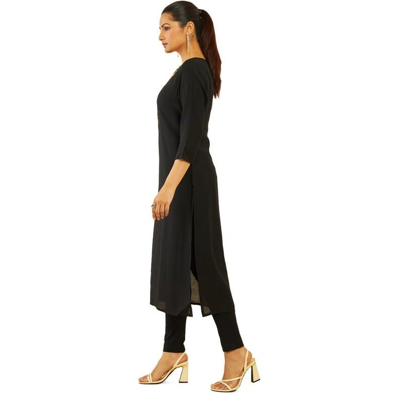 Soch Womens Black Viscose Blend Straight Kurta With Floral Cutdana Work