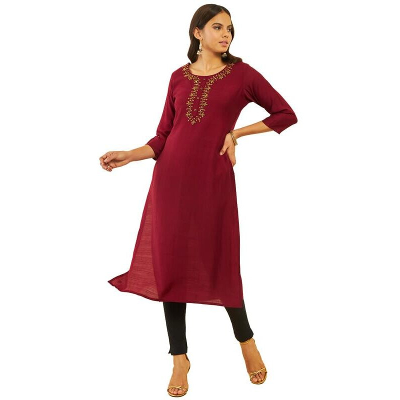 Soch Womens Maroon Viscose Blend Straight Kurta With Floral Cutdana Work