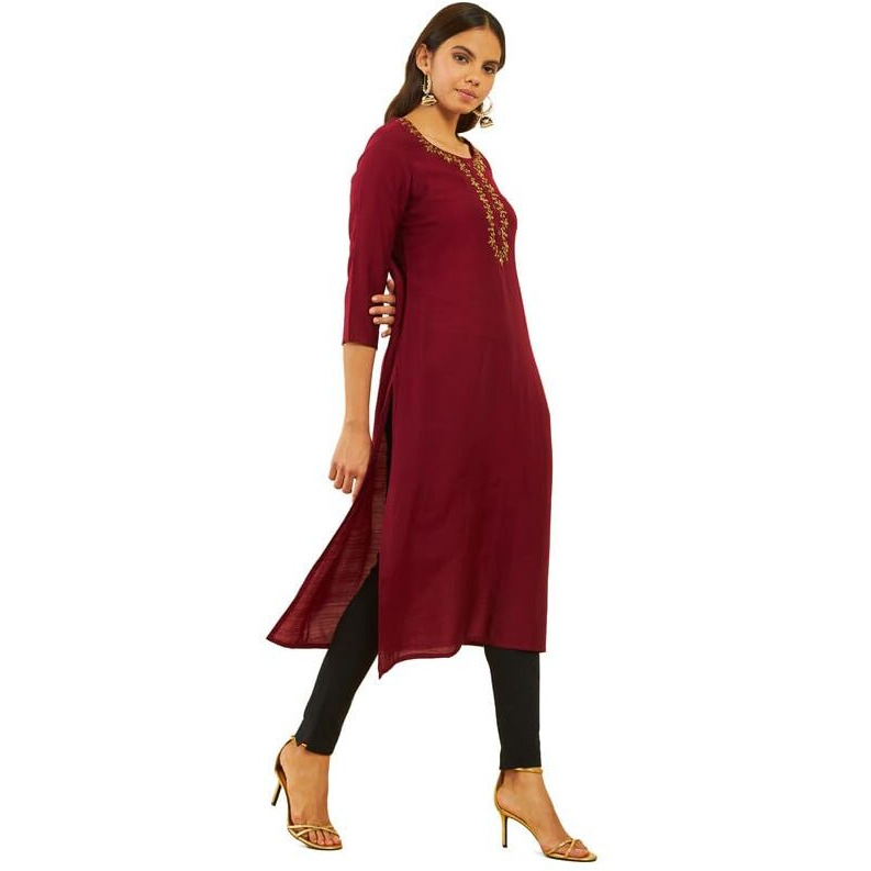 Soch Womens Maroon Viscose Blend Straight Kurta With Floral Cutdana Work
