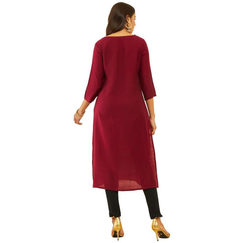 Soch Womens Maroon Viscose Blend Straight Kurta With Floral Cutdana Work