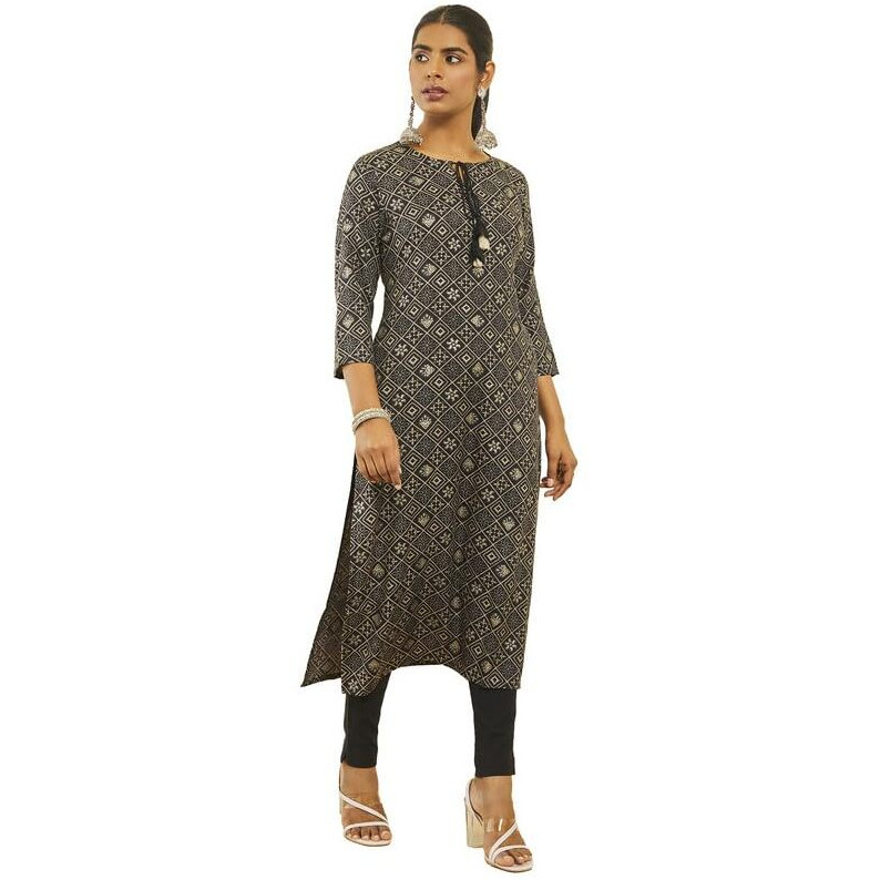 Soch Womens Black Rayon Patola Print Straight Kurta With Tassels