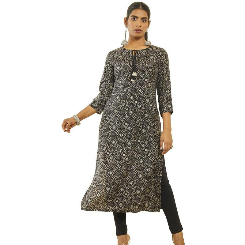 Soch Womens Black Rayon Patola Print Straight Kurta With Tassels