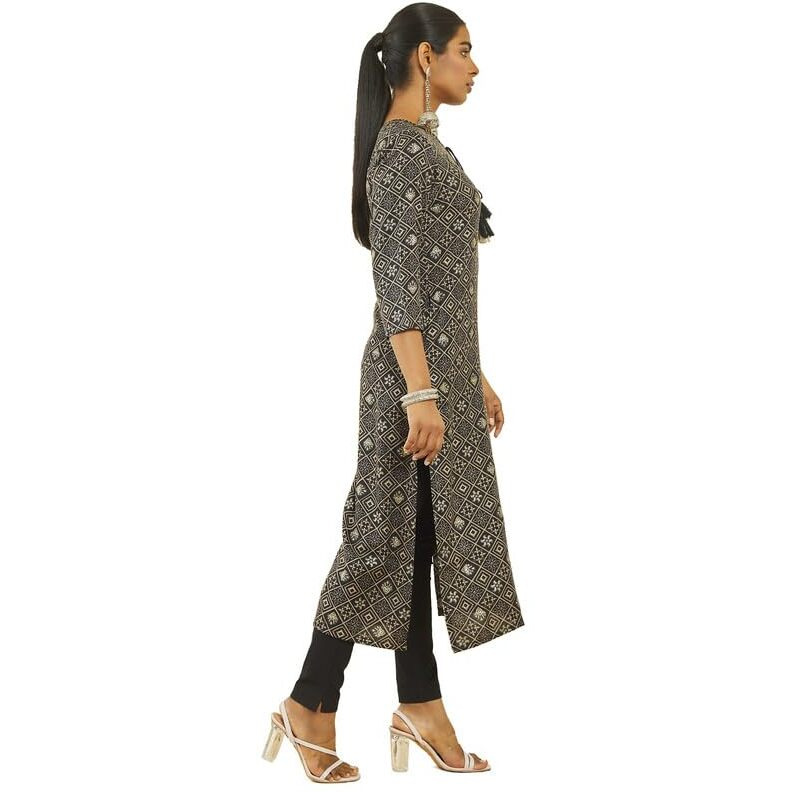 Soch Womens Black Rayon Patola Print Straight Kurta With Tassels