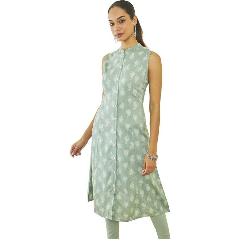 Soch Womens Green Rayon Paisley Print Sleeveless A-Line Kurta With Pocket