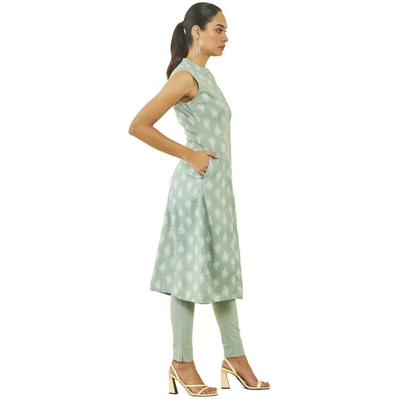 Soch Womens Green Rayon Paisley Print Sleeveless A-Line Kurta With Pocket