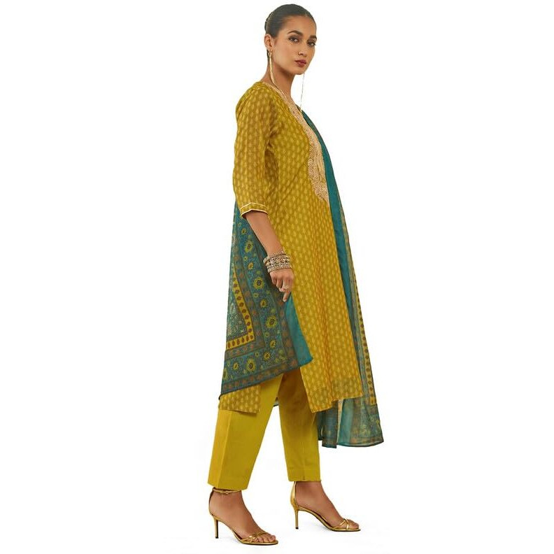 Soch Womens Mustard Chanderi Suit Set With Print And Embroidery