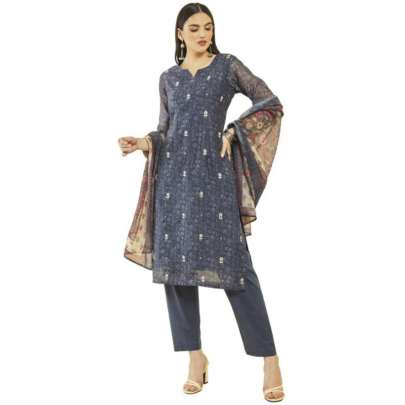 Soch Womens Grey Chanderi Floral Print And Zari Embroidered Suit Set With Dupatta