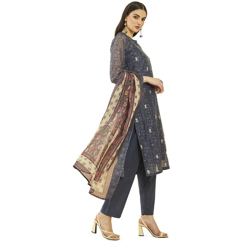 Soch Womens Grey Chanderi Floral Print And Zari Embroidered Suit Set With Dupatta