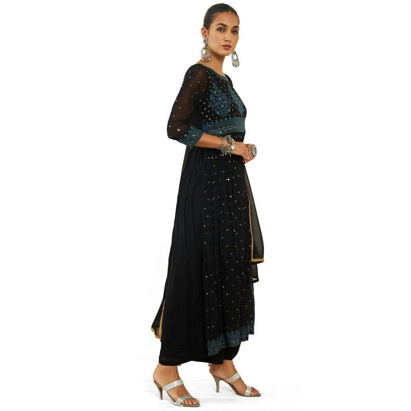 Soch Womens Black Georgette Suit Set With Embroidery And Sequins