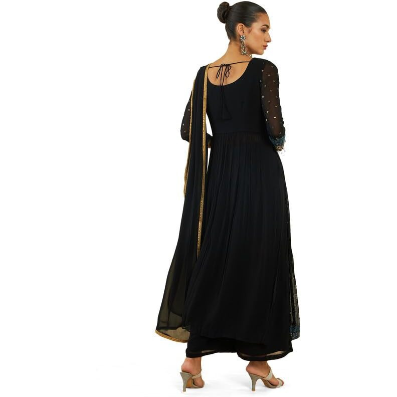 Soch Womens Black Georgette Suit Set With Embroidery And Sequins