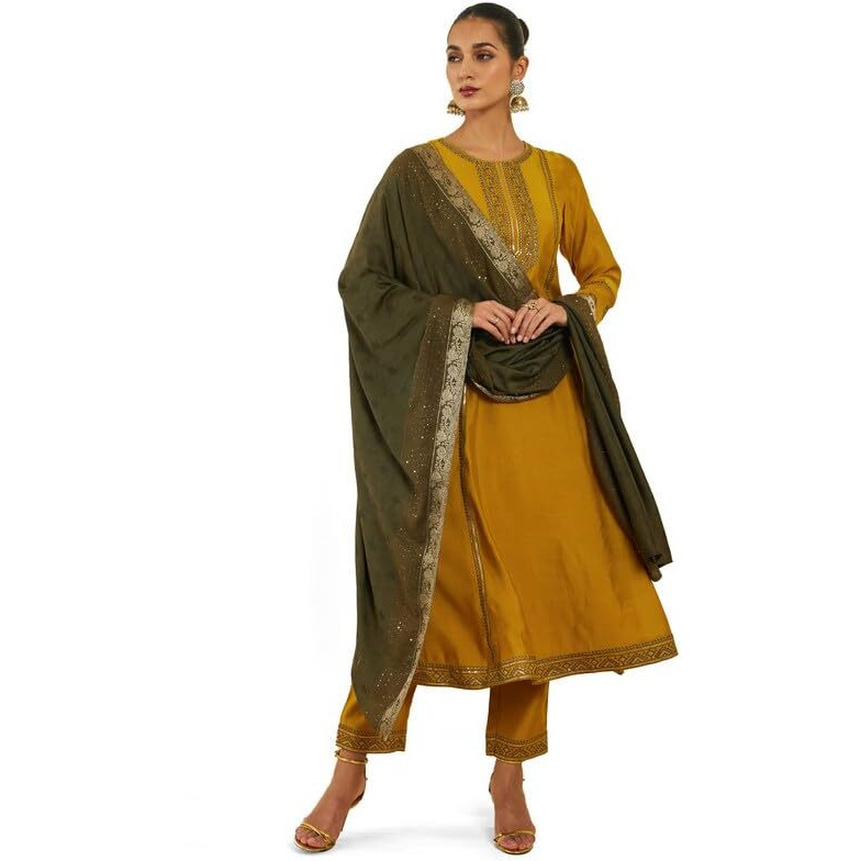 Soch Womens Mustard Chanderi Suit Set With Embroidery And Sequins