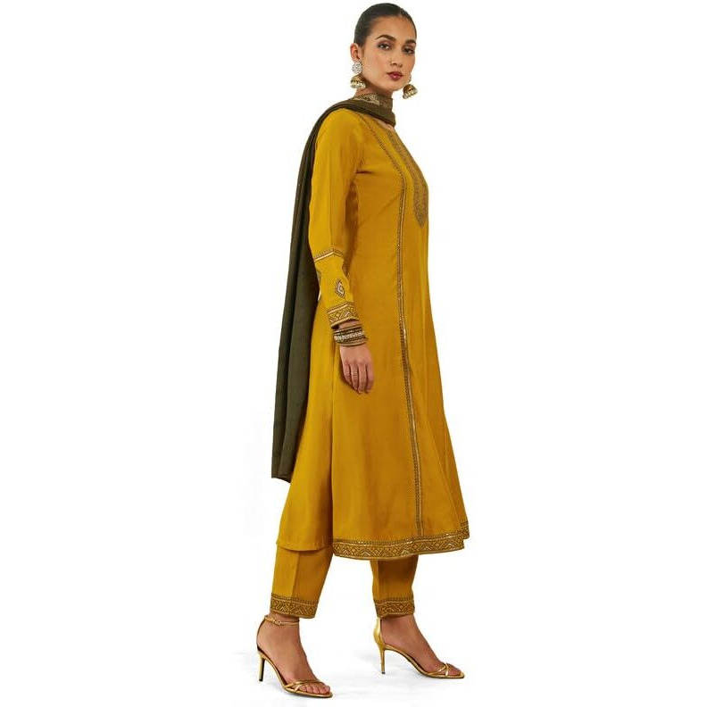 Soch Womens Mustard Chanderi Suit Set With Embroidery And Sequins