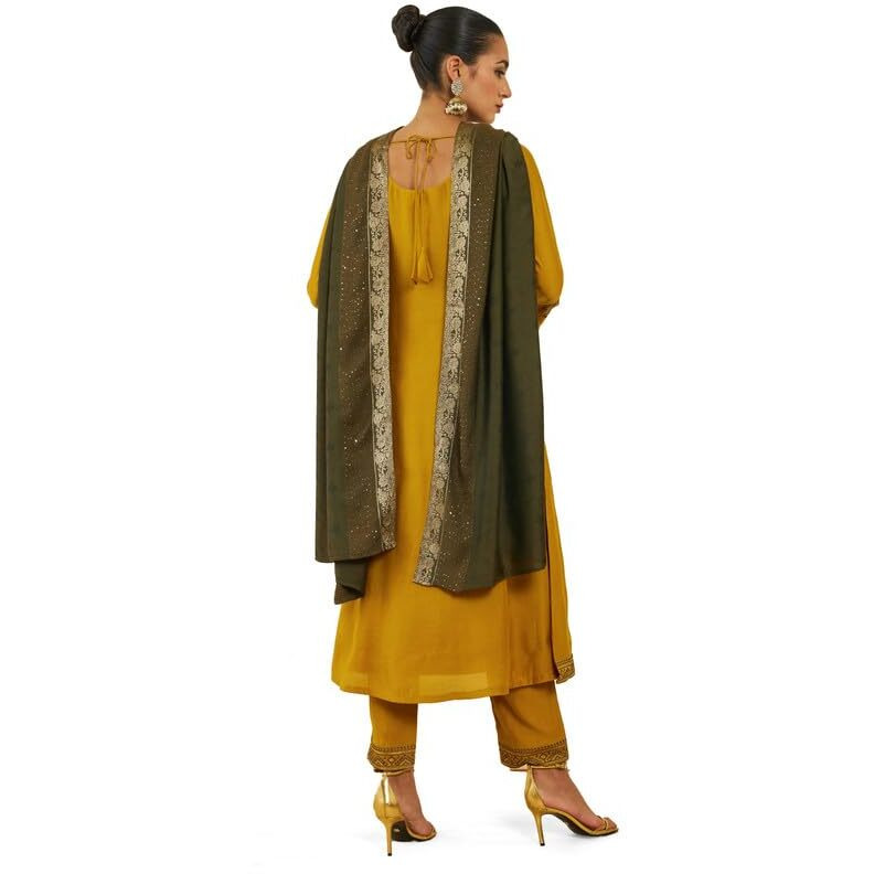 Soch Womens Mustard Chanderi Suit Set With Embroidery And Sequins