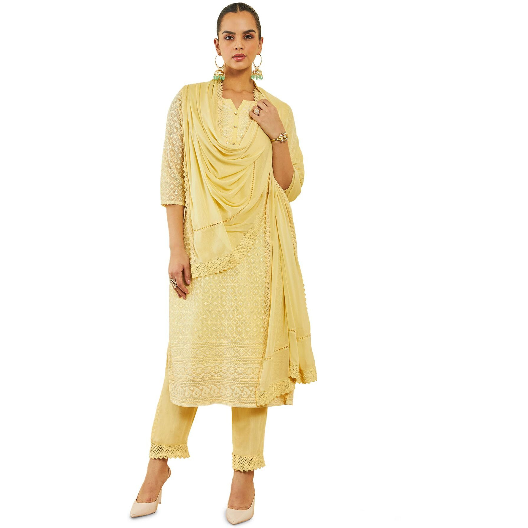 Soch Womens Light Yellow Georgette Suit Set With Self Embroidery And Sequins