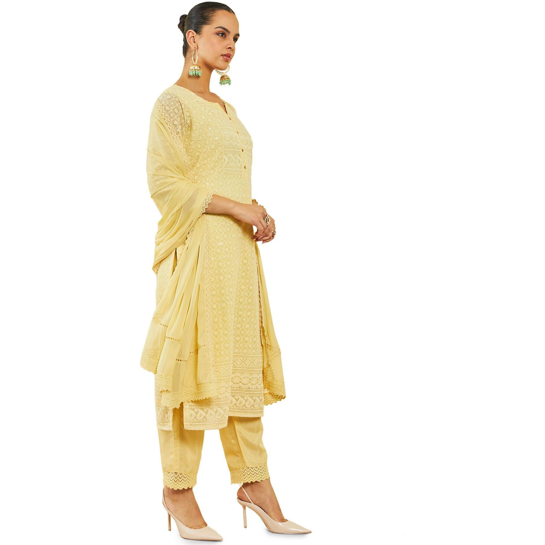Soch Womens Light Yellow Georgette Suit Set With Self Embroidery And Sequins