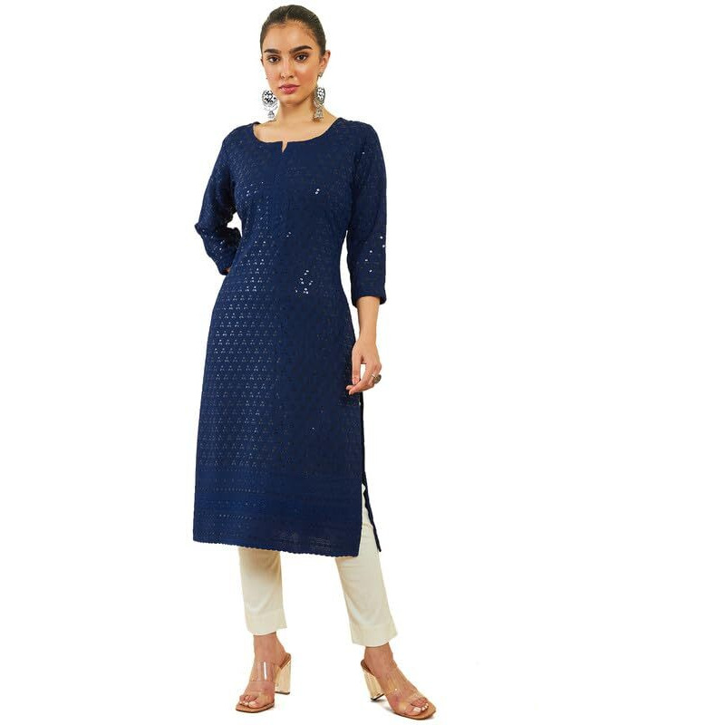 Soch Womens Navy Blue Rayon Sequin Embroidered Boat-Neck Straight Kurta