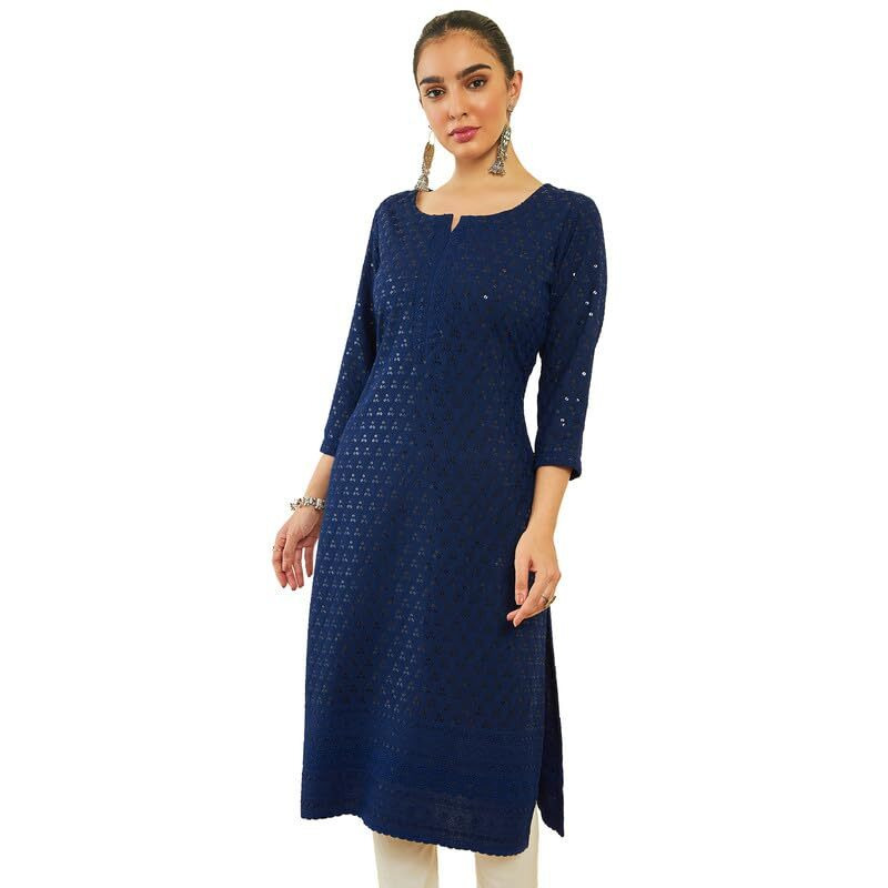 Soch Womens Navy Blue Rayon Sequin Embroidered Boat-Neck Straight Kurta