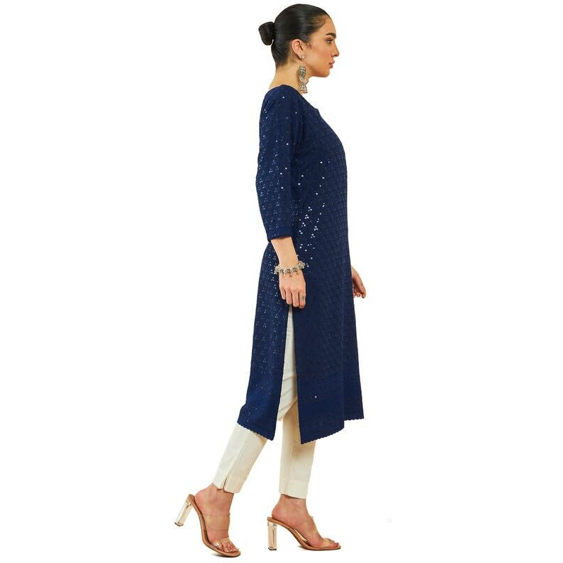 Soch Womens Navy Blue Rayon Sequin Embroidered Boat-Neck Straight Kurta