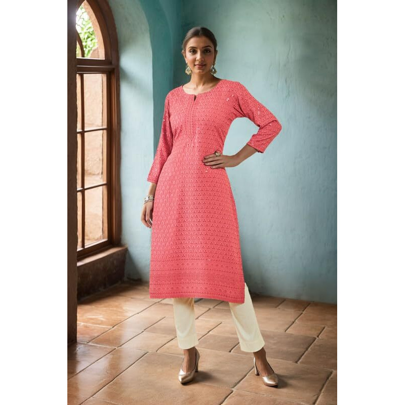 Soch Womens Onion Pink Rayon Sequin Embroidered Boat-Neck Straight Kurta