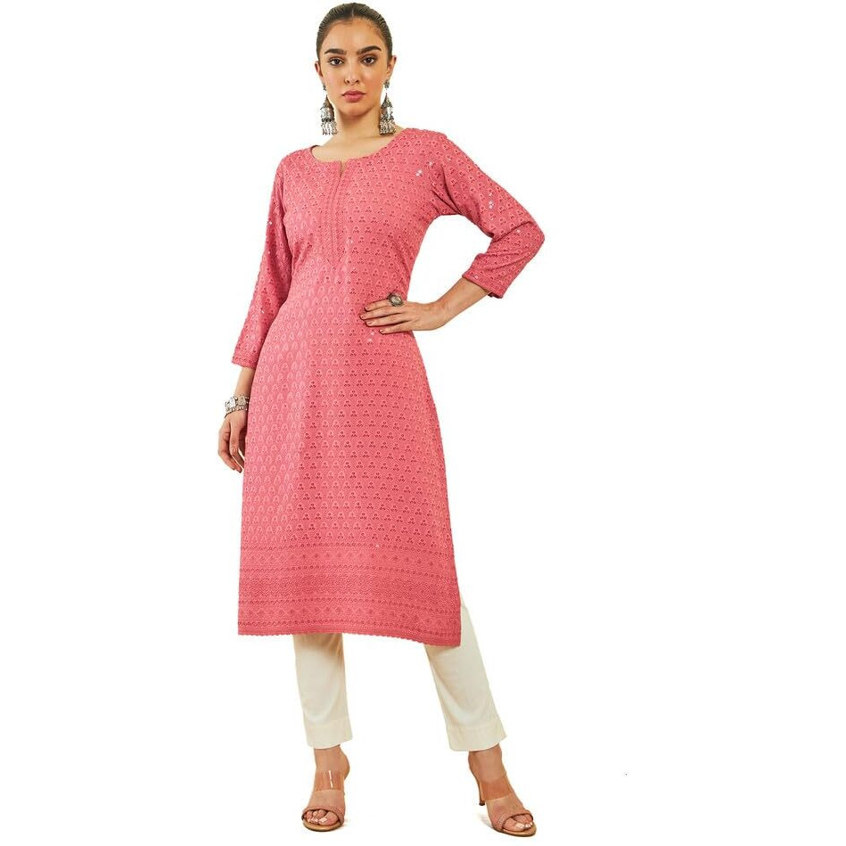 Soch Womens Onion Pink Rayon Sequin Embroidered Boat-Neck Straight Kurta