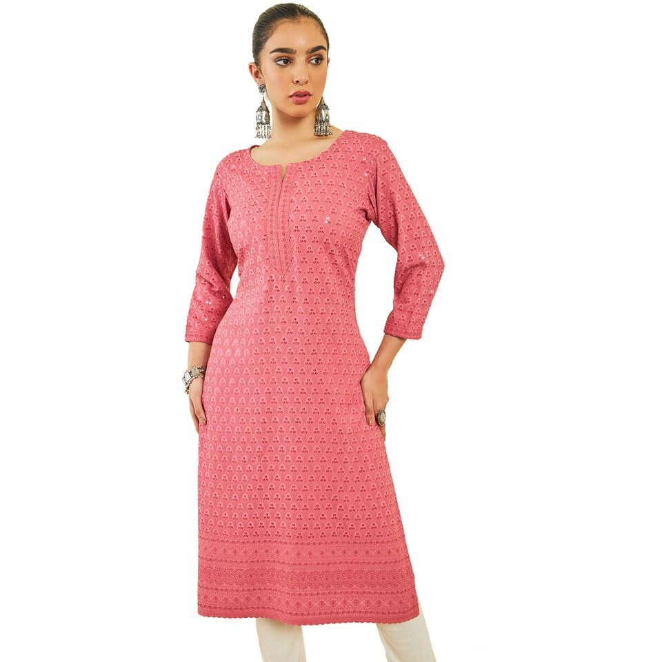 Soch Womens Onion Pink Rayon Sequin Embroidered Boat-Neck Straight Kurta