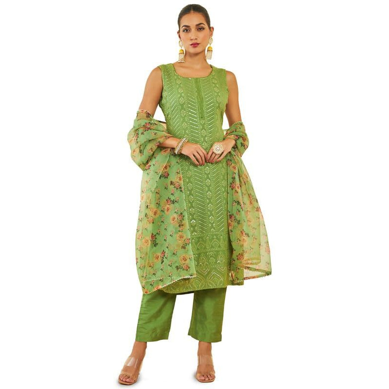 Soch Womens Sap Green Georgette Suit Set With Embroidery And Sequins