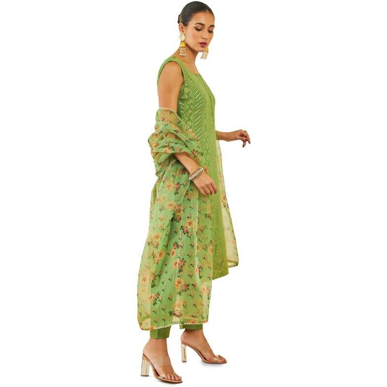 Soch Womens Sap Green Georgette Suit Set With Embroidery And Sequins
