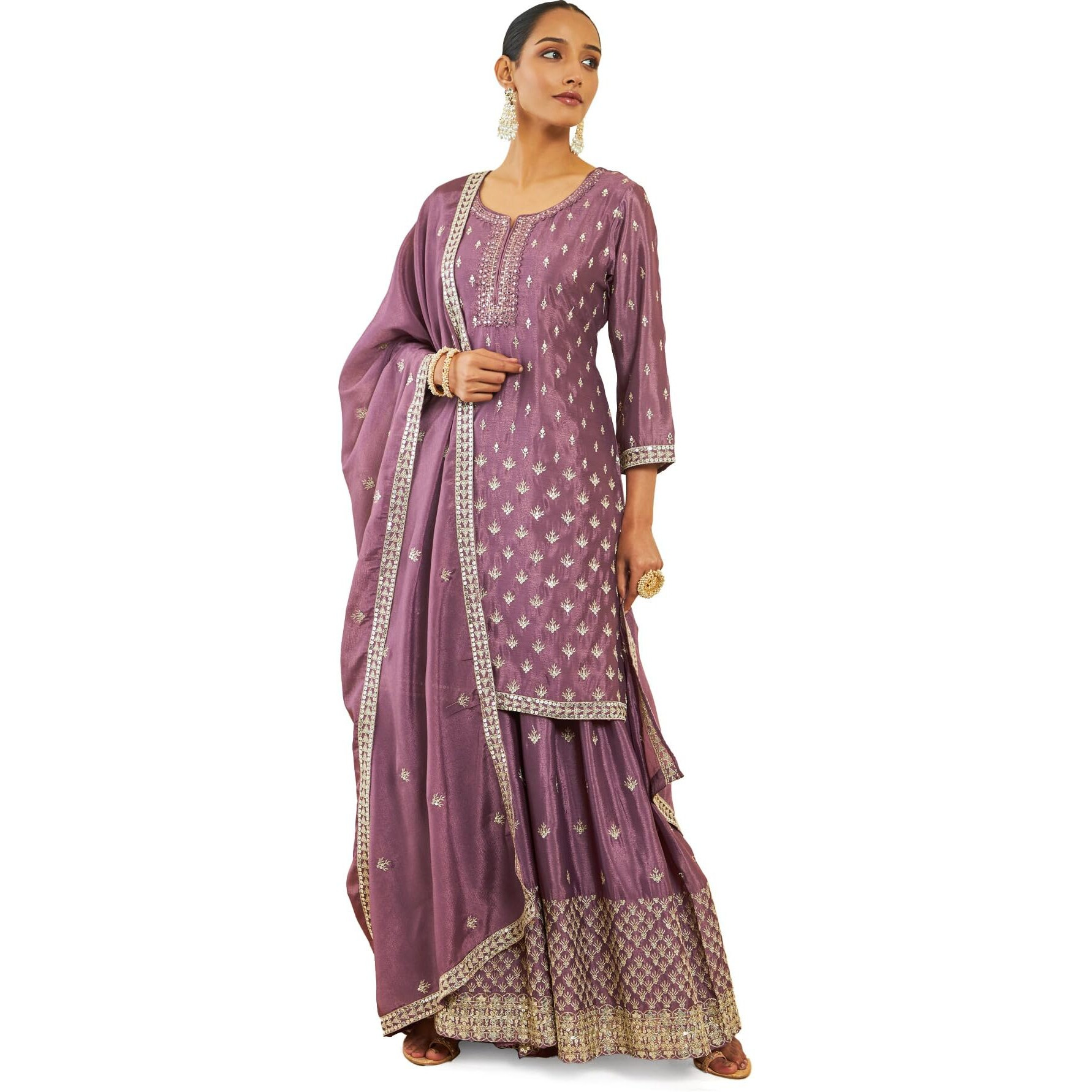 Soch Womens Onion Pink Chinon Zari And Sequin Embroidered Suit Set