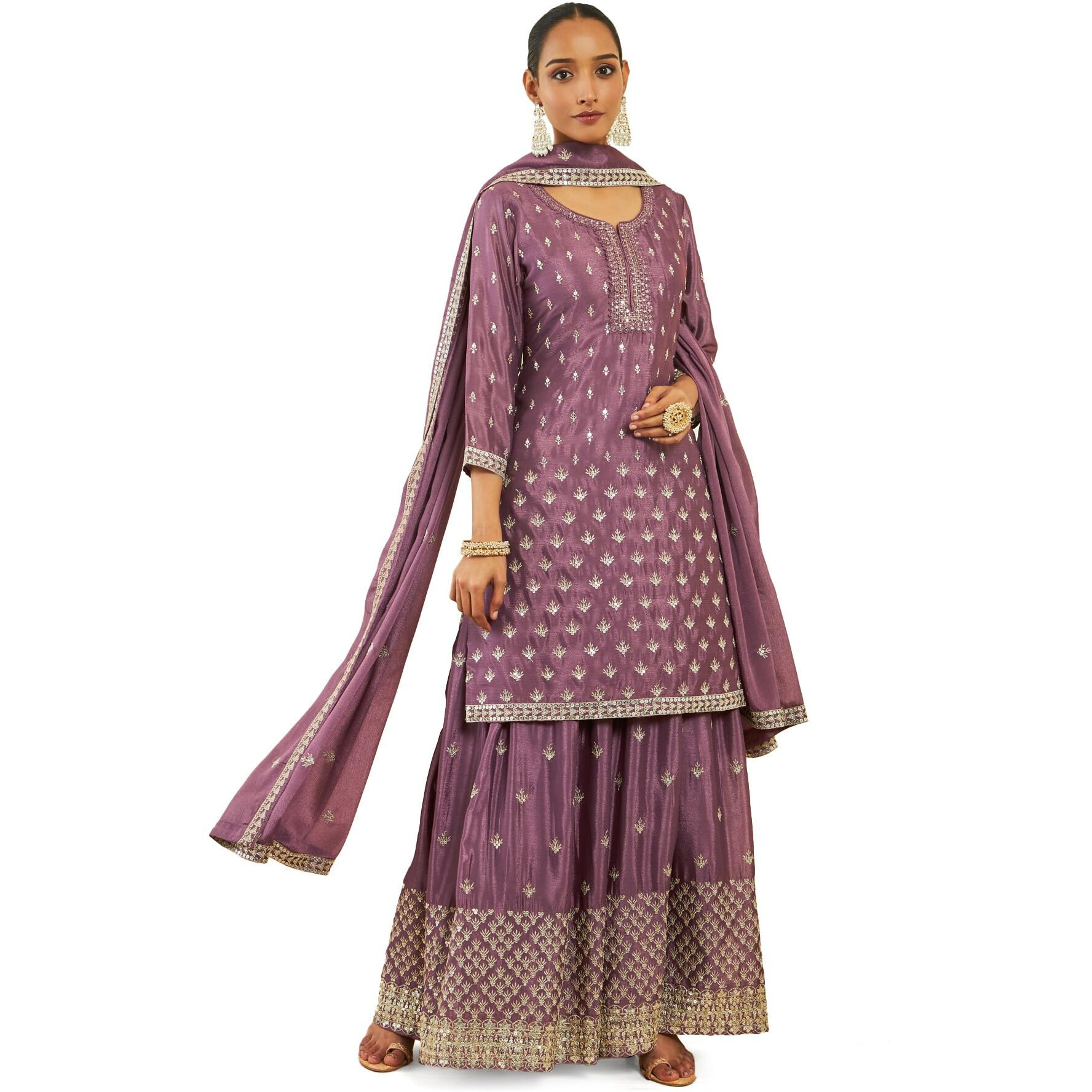 Soch Womens Onion Pink Chinon Zari And Sequin Embroidered Suit Set