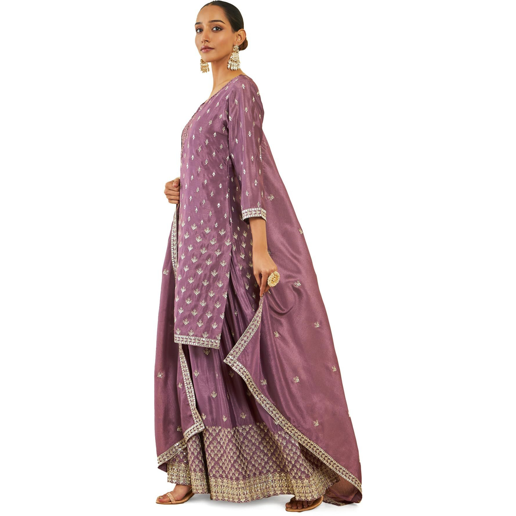 Soch Womens Onion Pink Chinon Zari And Sequin Embroidered Suit Set