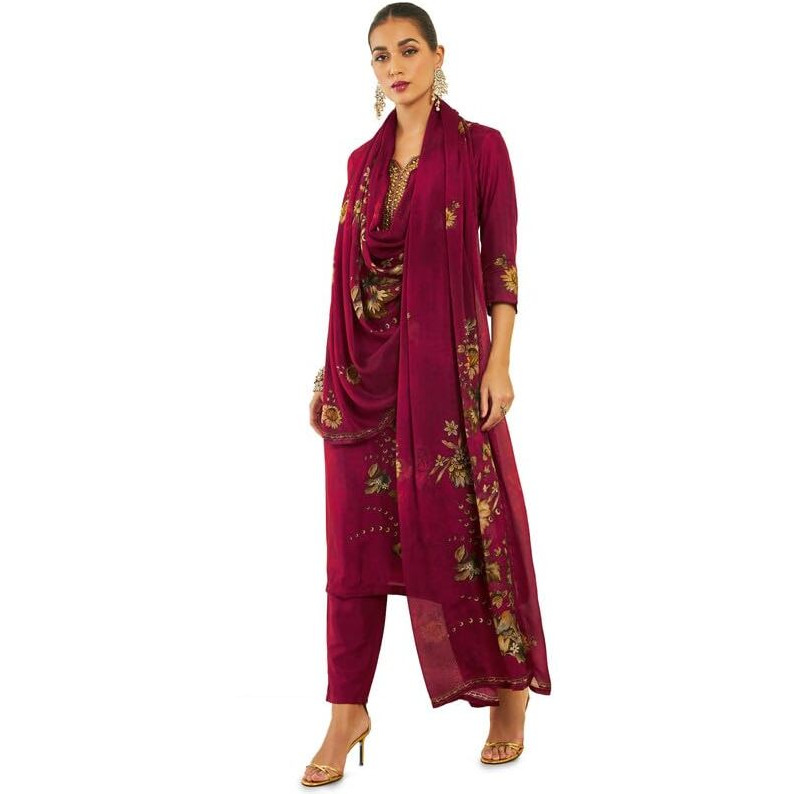 Soch Womens Maroon Silk Blend Suit Set With Floral Print And Hand Embroidery