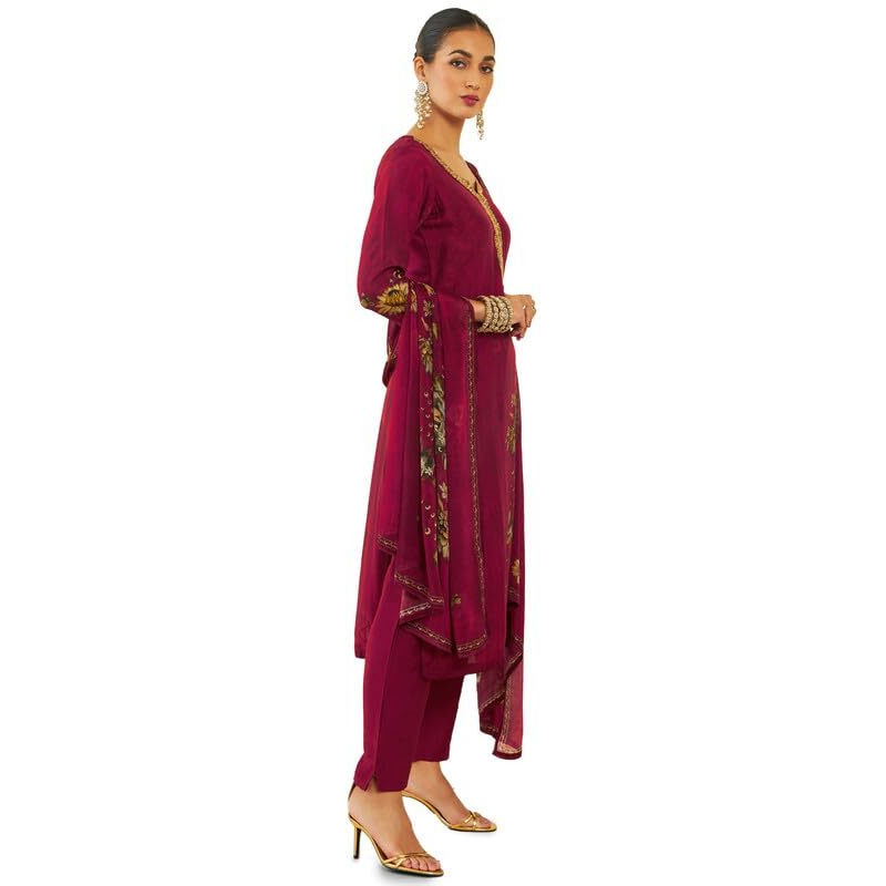 Soch Womens Maroon Silk Blend Suit Set With Floral Print And Hand Embroidery