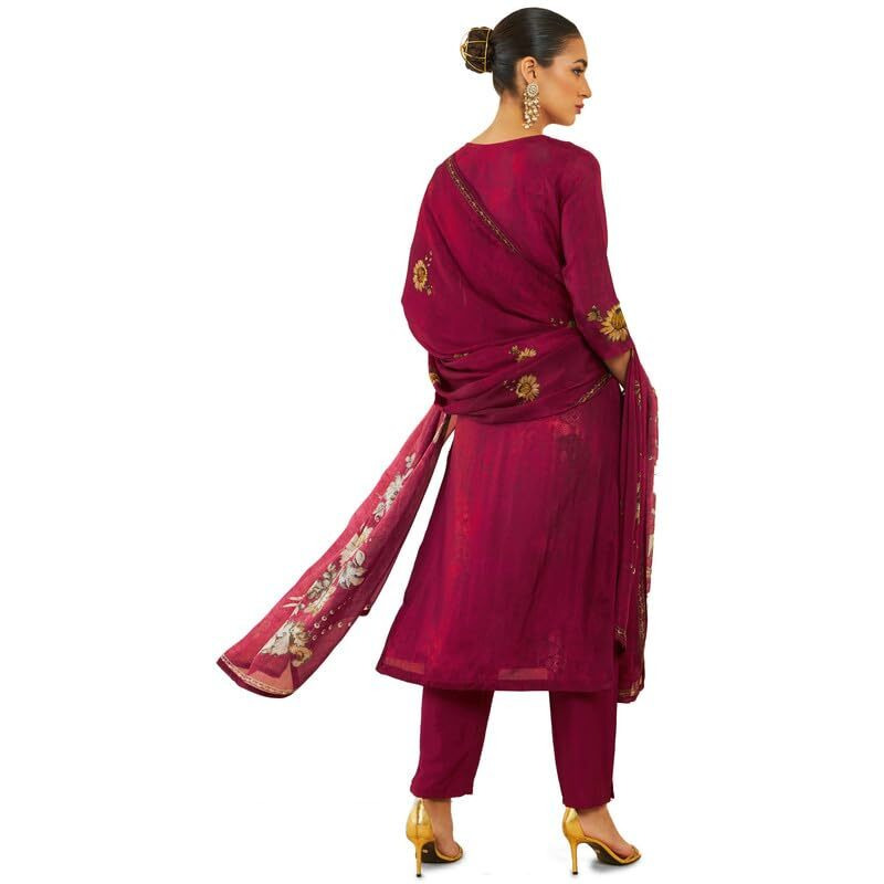 Soch Womens Maroon Silk Blend Suit Set With Floral Print And Hand Embroidery