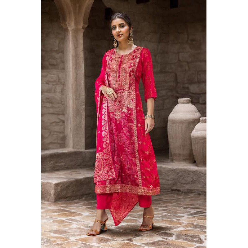 Soch Womens Fuchsia Brocade Suit Set With Floral Print And Hand Embroidery