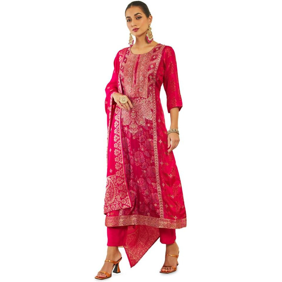 Soch Womens Fuchsia Brocade Suit Set With Floral Print And Hand Embroidery