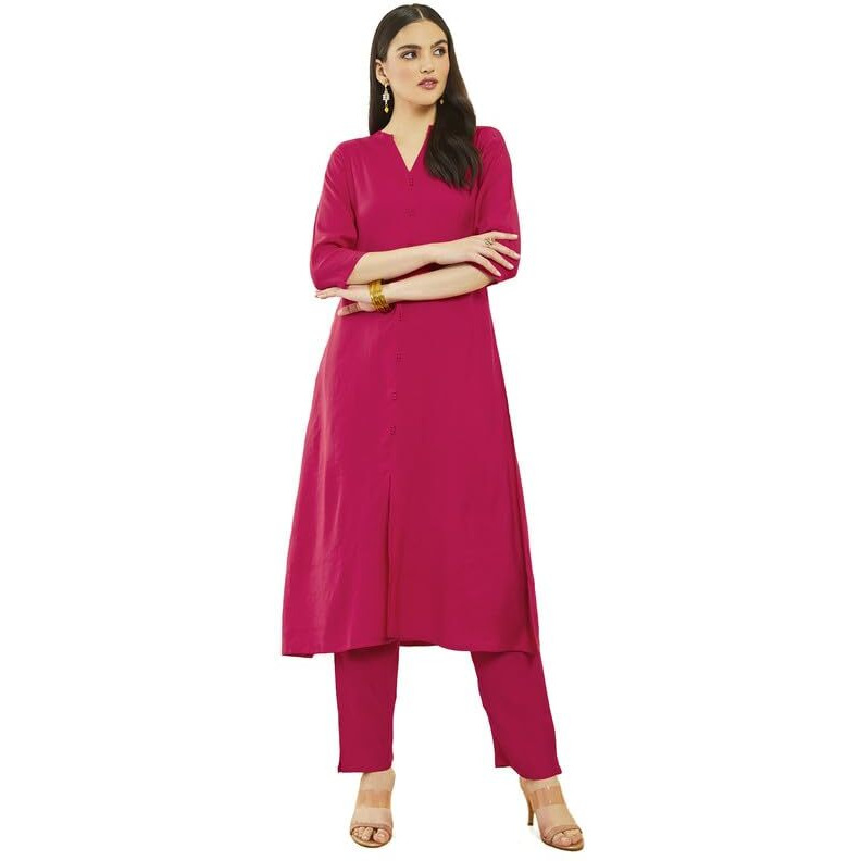 Soch Womens Fuchsia Silk Blend A-Line Kurta Sets With Pocket