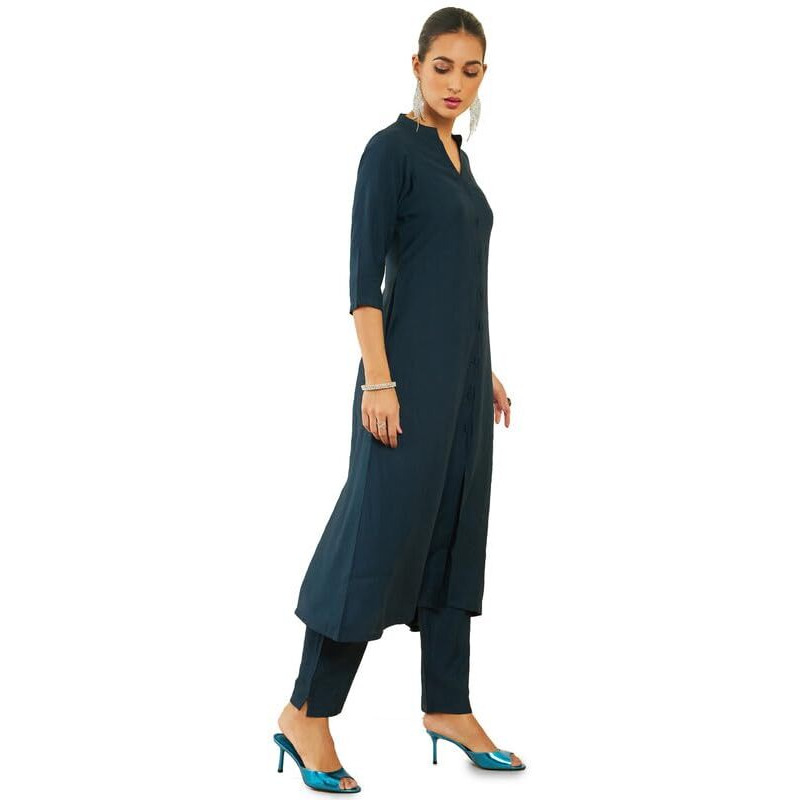 Soch Womens Navy Blue Solid Silk Blend Kurta Set
