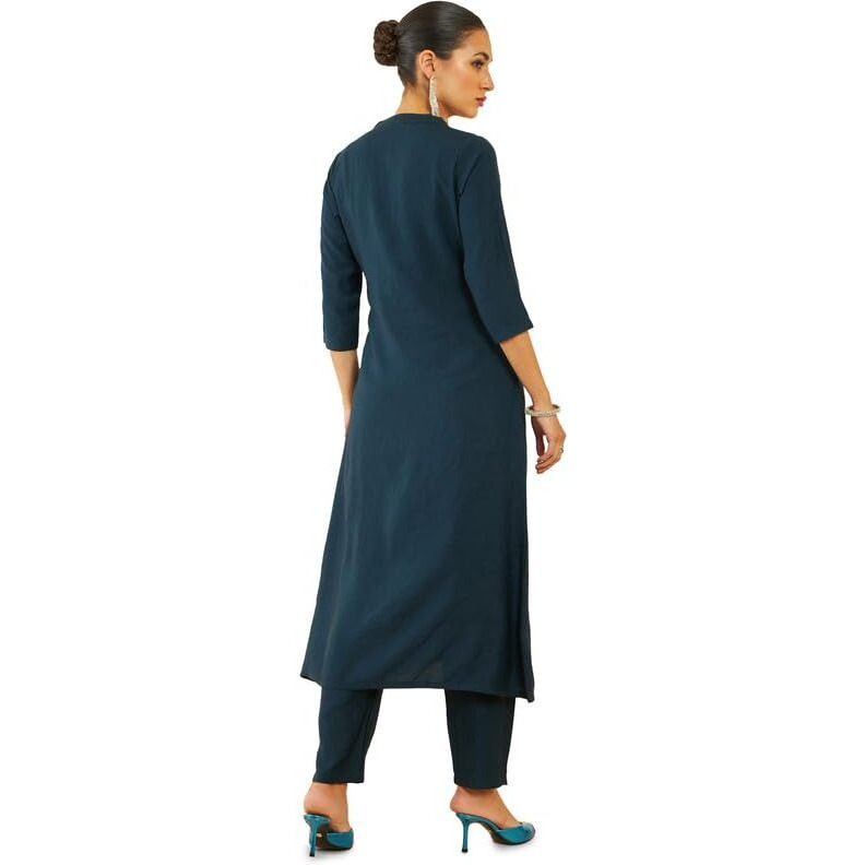 Soch Womens Navy Blue Solid Silk Blend Kurta Set