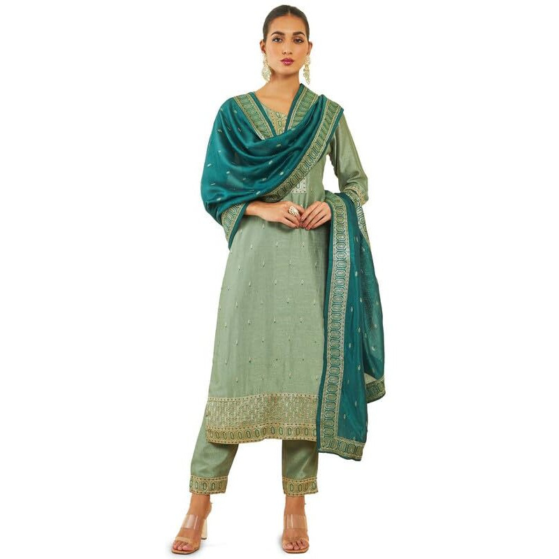 Soch Womens Sap Green Viscose Blend Suit Set With Embroidery And Sequins