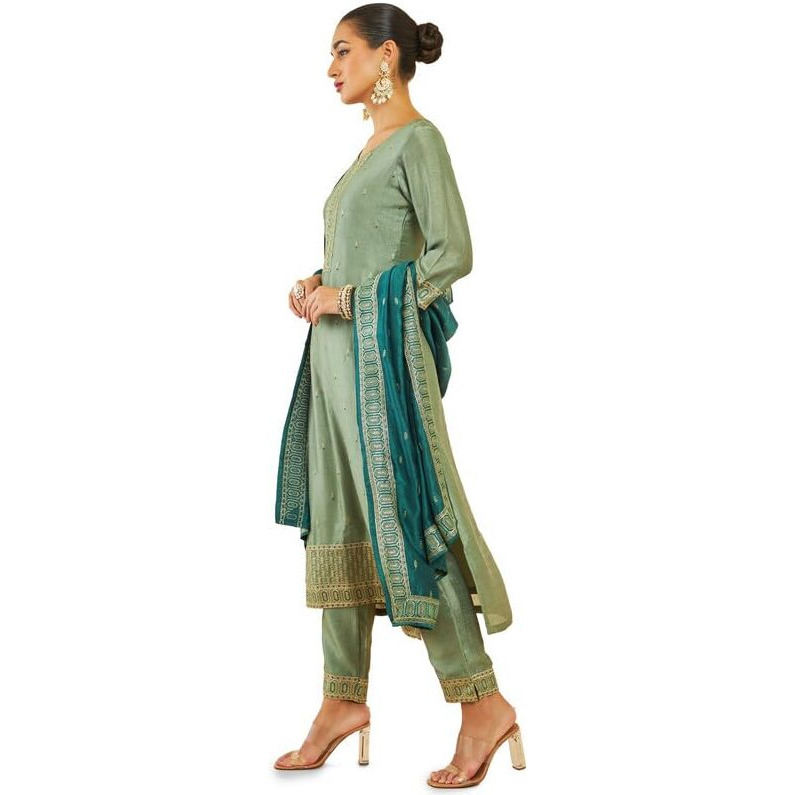 Soch Womens Sap Green Viscose Blend Suit Set With Embroidery And Sequins
